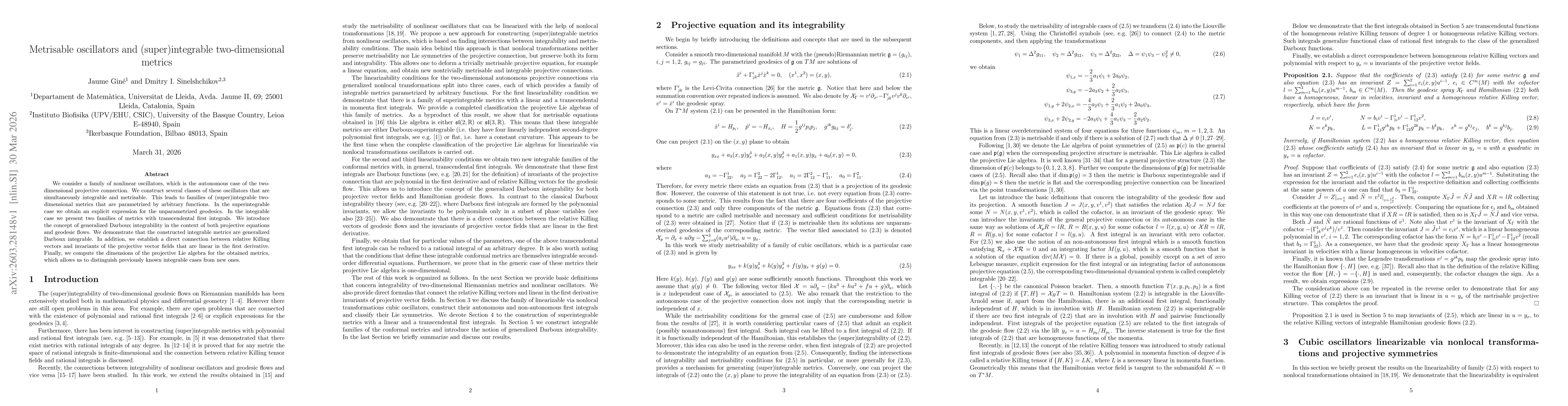 Thumbnail for Metrisable oscillators and (super)integrable two-dimensional metrics