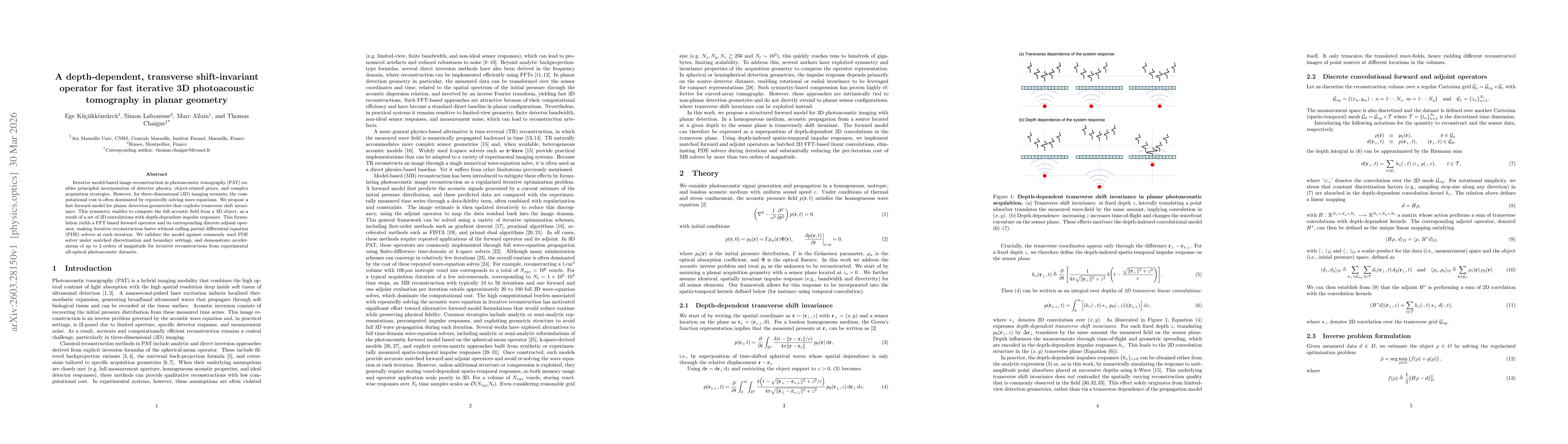 Thumbnail for A depth-dependent, transverse shift-invariant operator for fast iterative 3D photoacoustic tomography in planar geometry