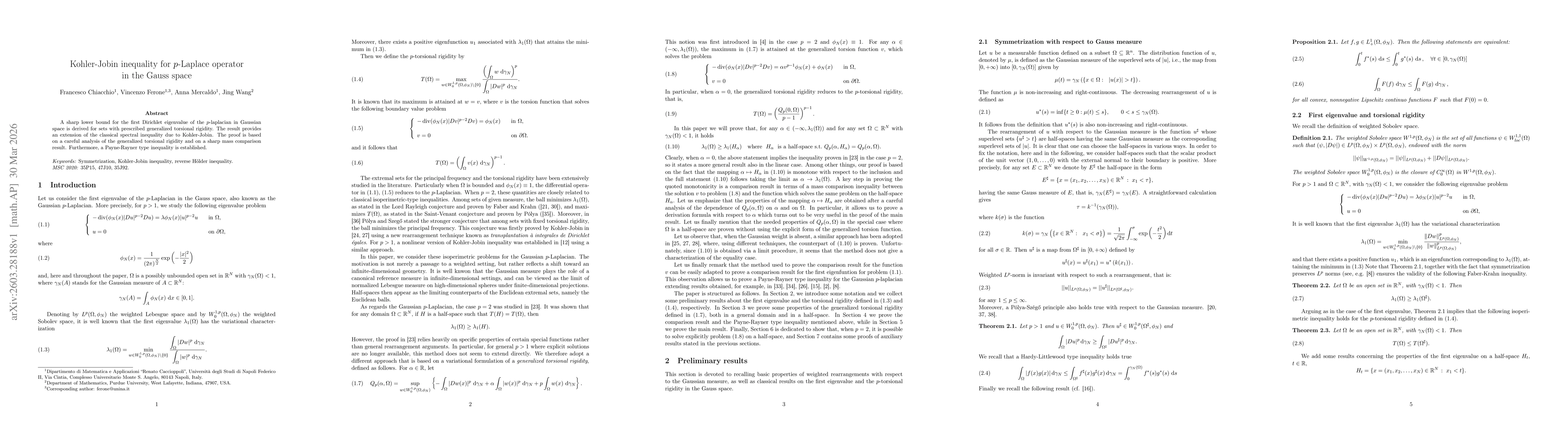 Thumbnail for Kohler-Jobin inequality for $p$-Laplace operator in the Gauss space