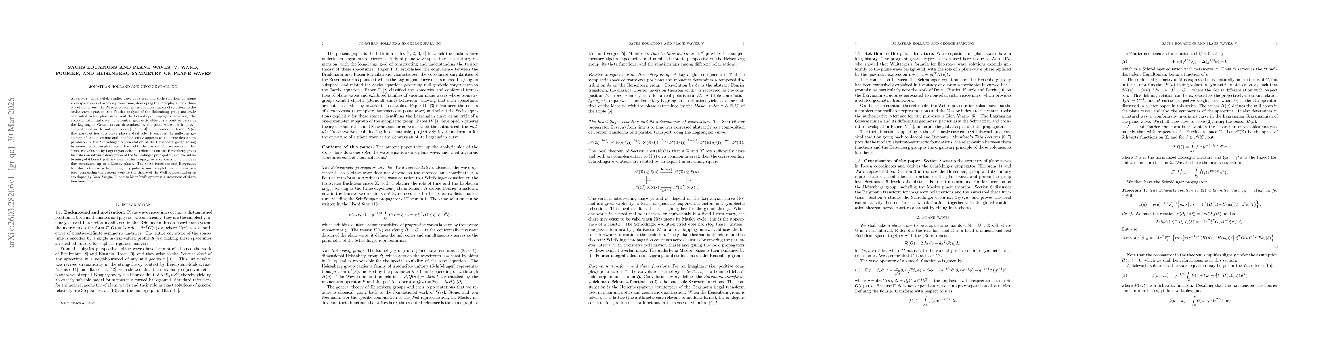 Thumbnail for Sachs Equations and Plane Waves, V: Ward, Fourier, and Heisenberg Symmetry on Plane Waves