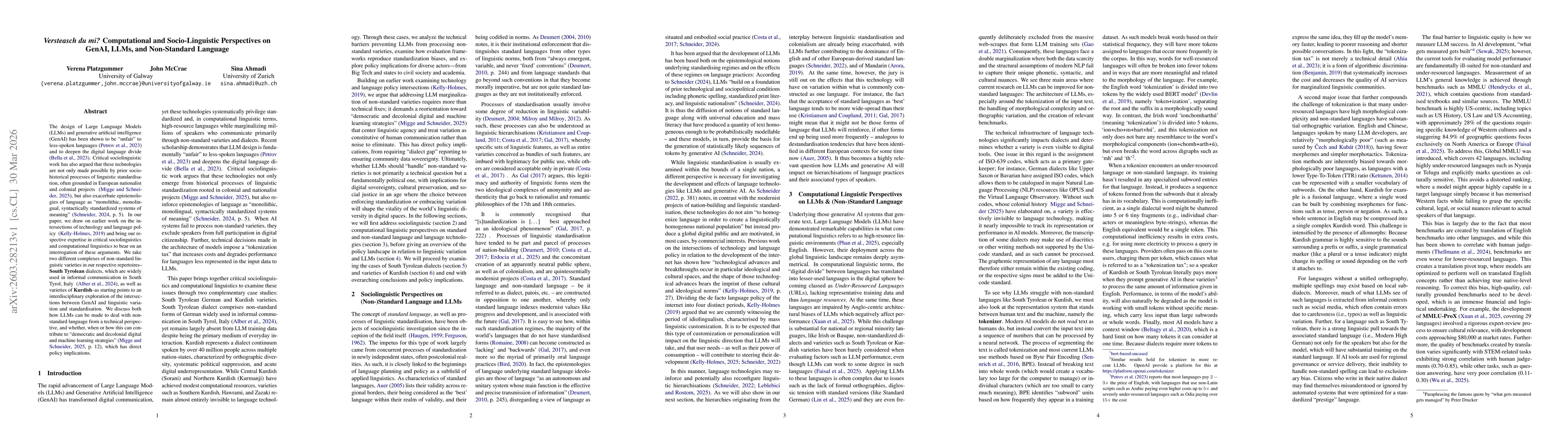 Thumbnail for \textit{Versteasch du mi?} Computational and Socio-Linguistic Perspectives on GenAI, LLMs, and Non-Standard Language