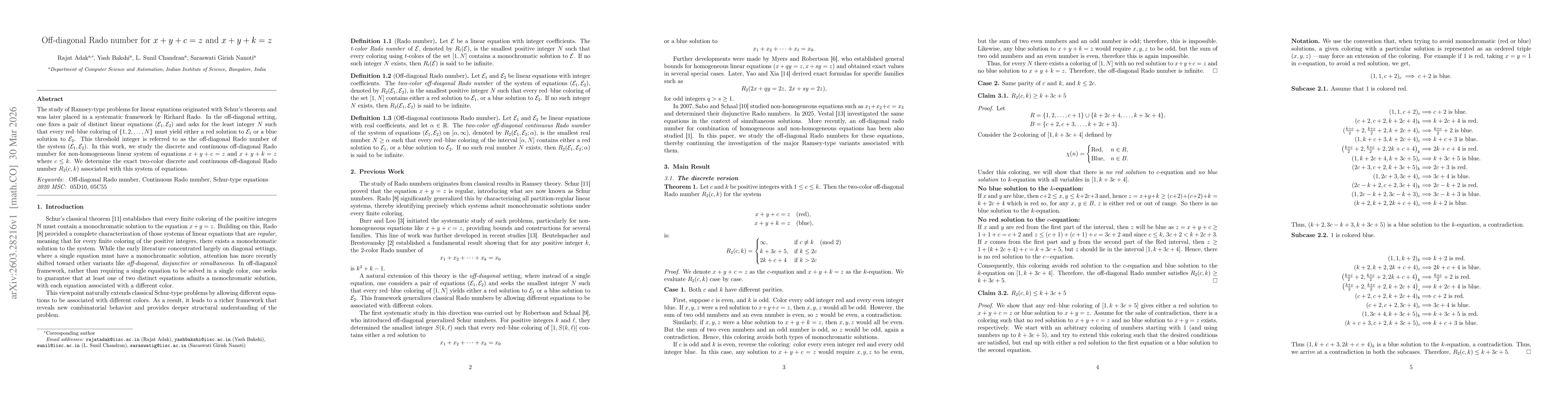 Thumbnail for Off-diagonal Rado number for $x+y+c=z$ and $x+y+k=z$