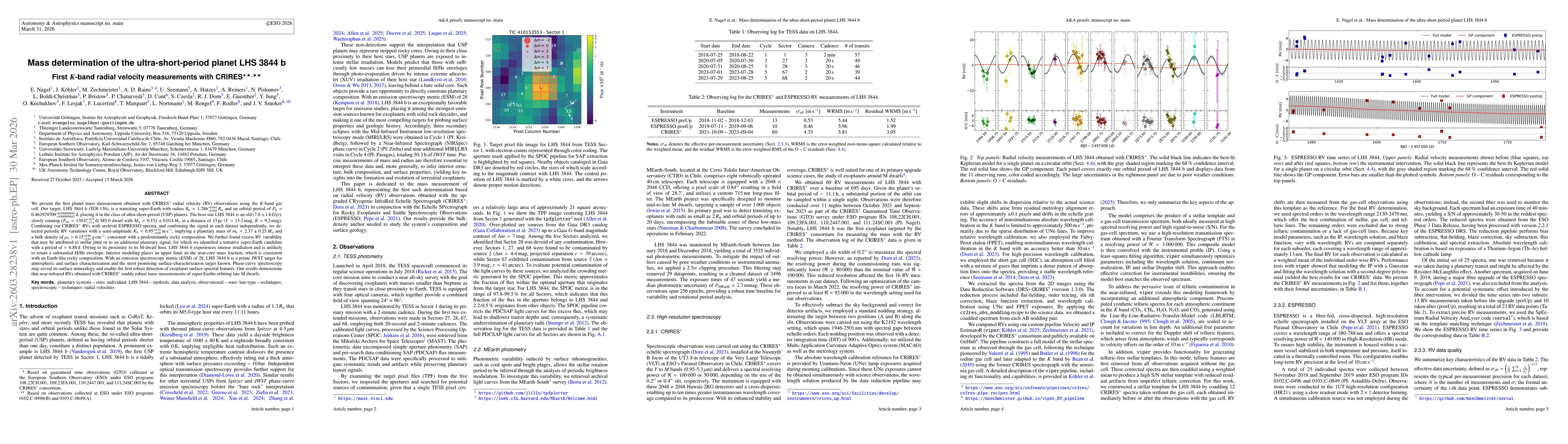 Thumbnail for Mass determination of the ultra-short-period planet LHS 3844 b. First K-band radial velocity measurements with CRIRES+