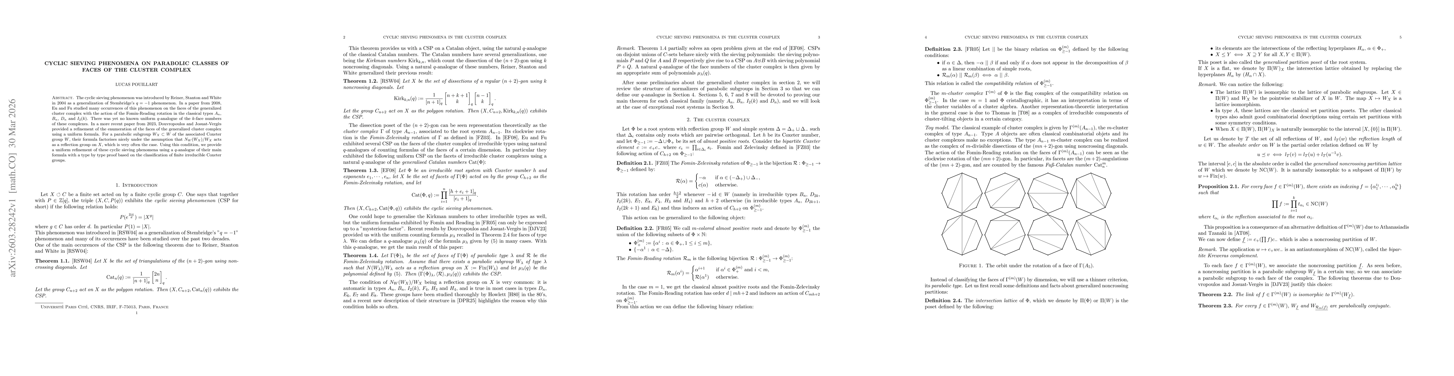 Thumbnail for Cyclic sieving phenomena on parabolic classes of faces of the cluster complex