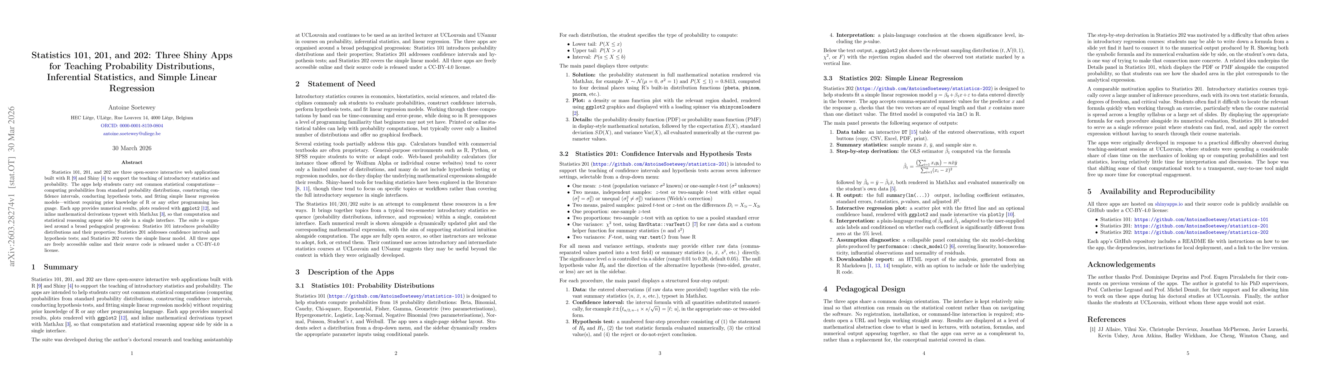 Thumbnail for Statistics 101, 201, and 202: Three Shiny Apps for Teaching Probability Distributions, Inferential Statistics, and Simple Linear Regression