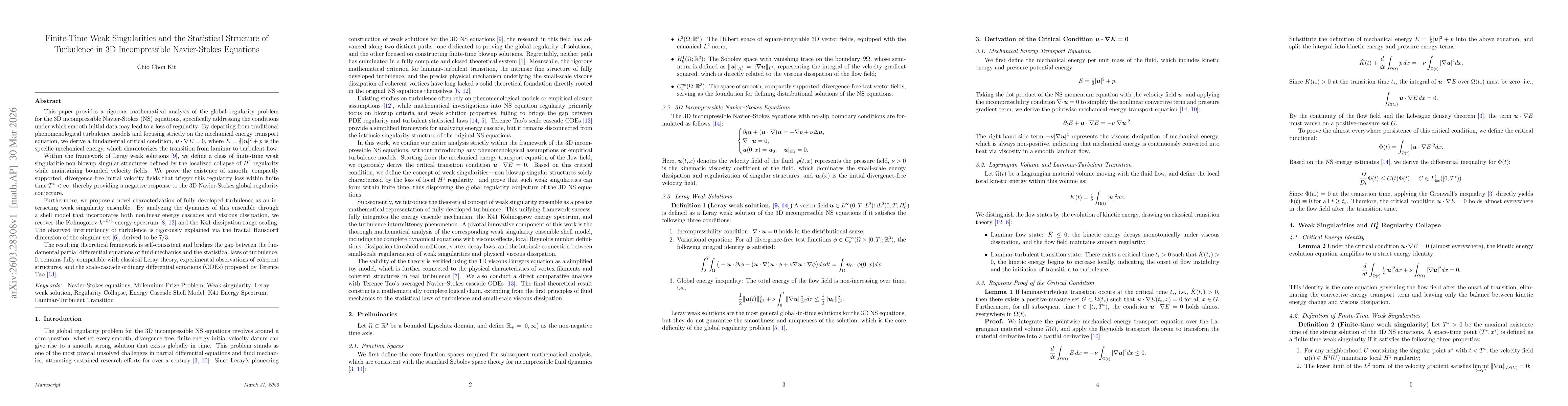Thumbnail for Finite-Time Weak Singularities and the Statistical Structure of Turbulence in 3D Incompressible Navier-Stokes Equations