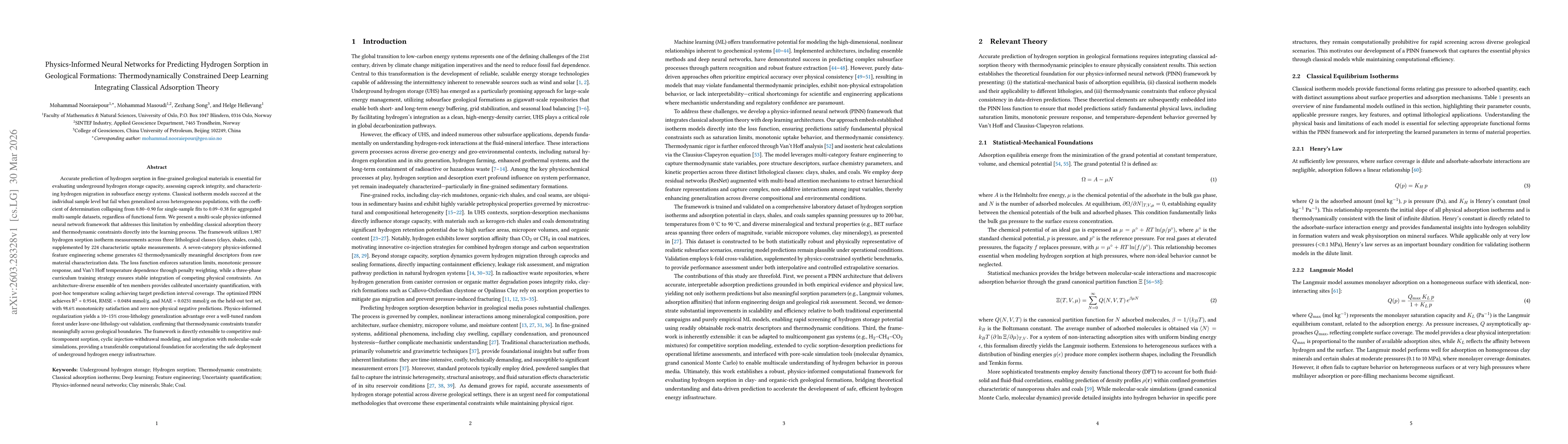 Thumbnail for Physics-Informed Neural Networks for Predicting Hydrogen Sorption in Geological Formations: Thermodynamically Constrained Deep Learning Integrating Classical Adsorption Theory