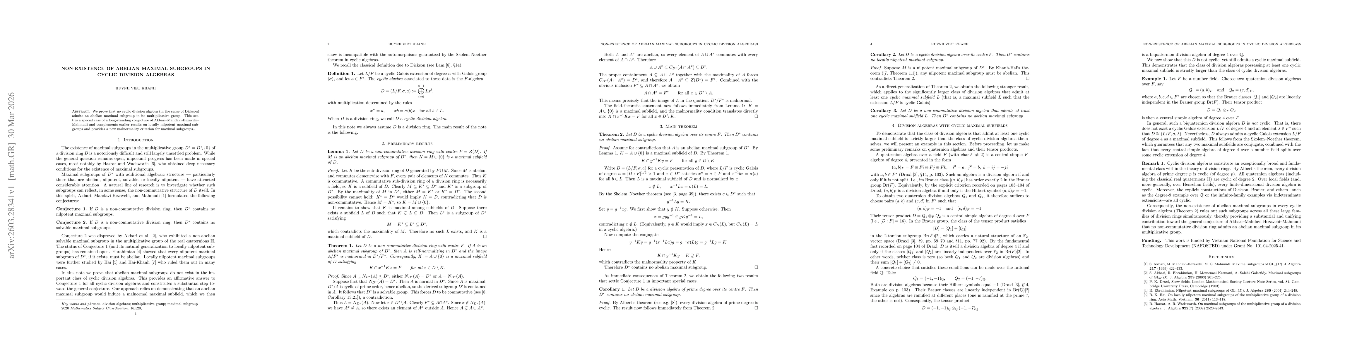 Thumbnail for Non-existence of abelian maximal subgroups in cyclic division algebras