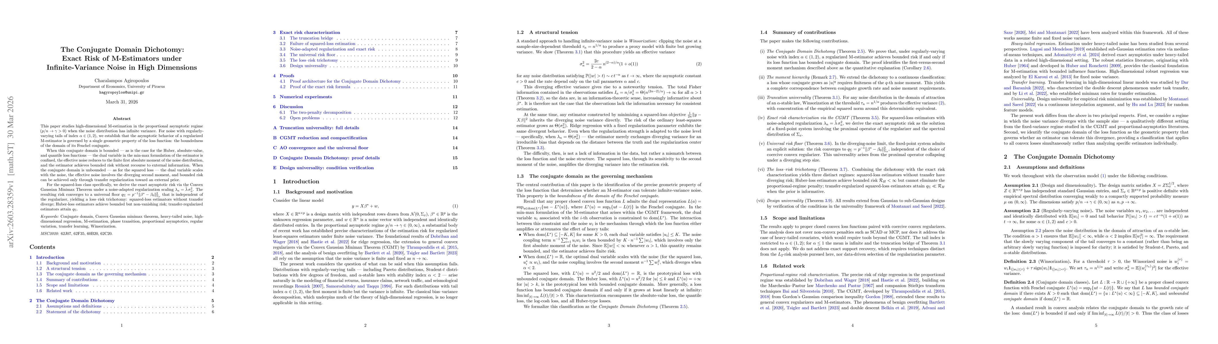 Thumbnail for The Conjugate Domain Dichotomy: Exact Risk of M-Estimators under Infinite-Variance Noise in High Dimensions