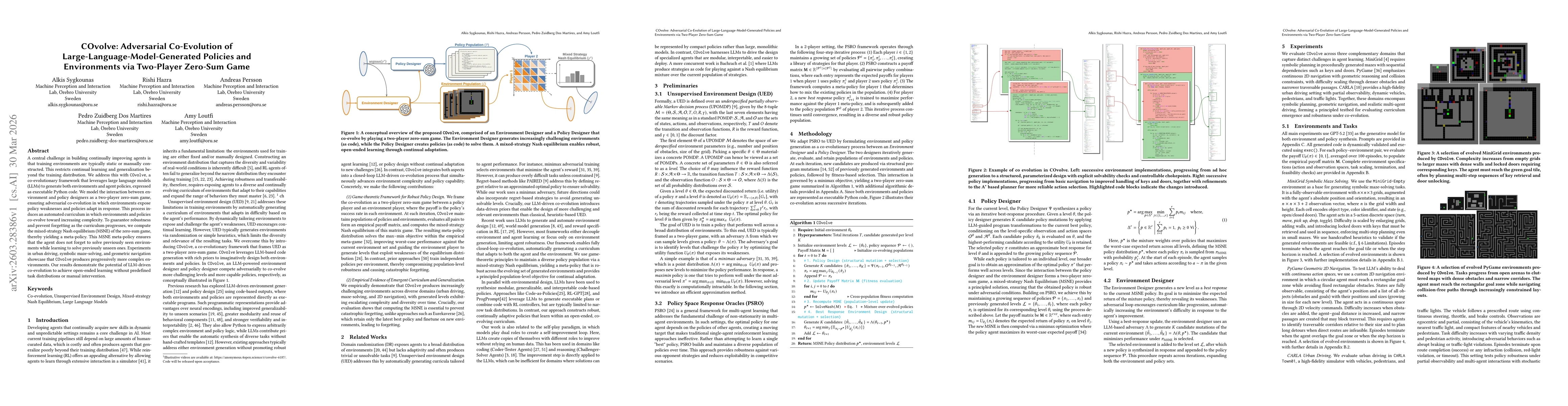 Thumbnail for COvolve: Adversarial Co-Evolution of Large-Language-Model-Generated Policies and Environments via Two-Player Zero-Sum Game