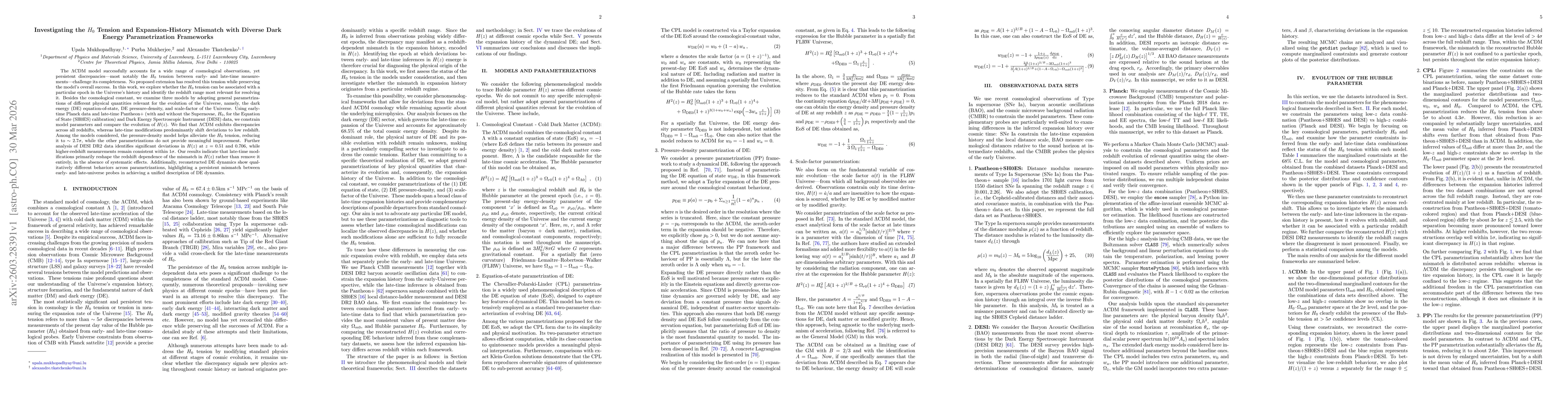 Thumbnail for Investigating the $H_0$ Tension and Expansion-History Mismatch with Diverse Dark Energy Parametrization Frameworks