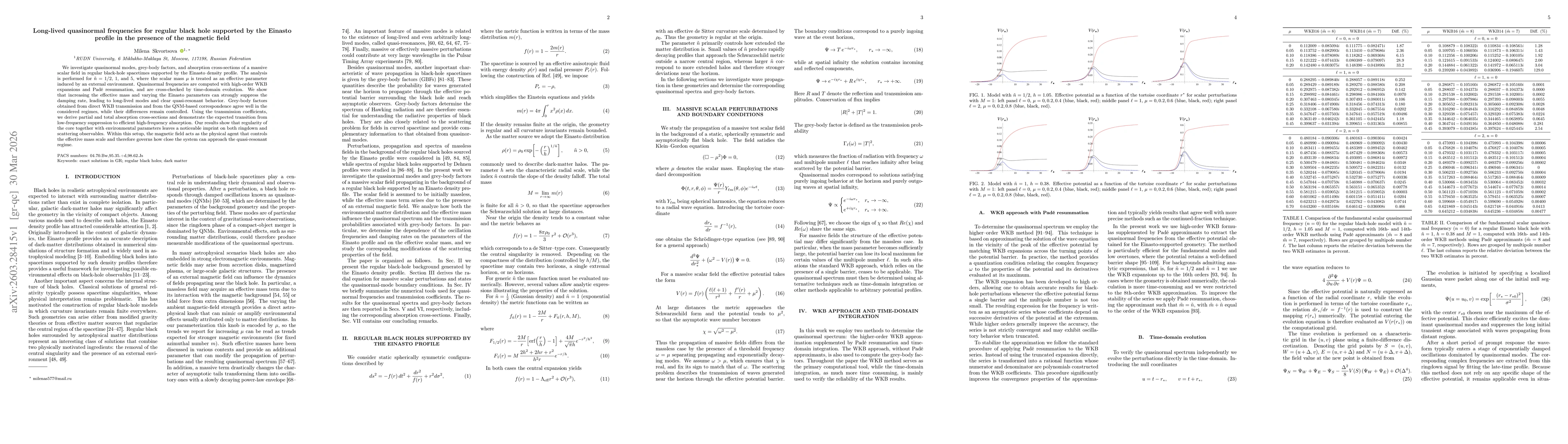 Thumbnail for Long-lived quasinormal frequencies for regular black hole supported by the Einasto profile in the presence of the magnetic field