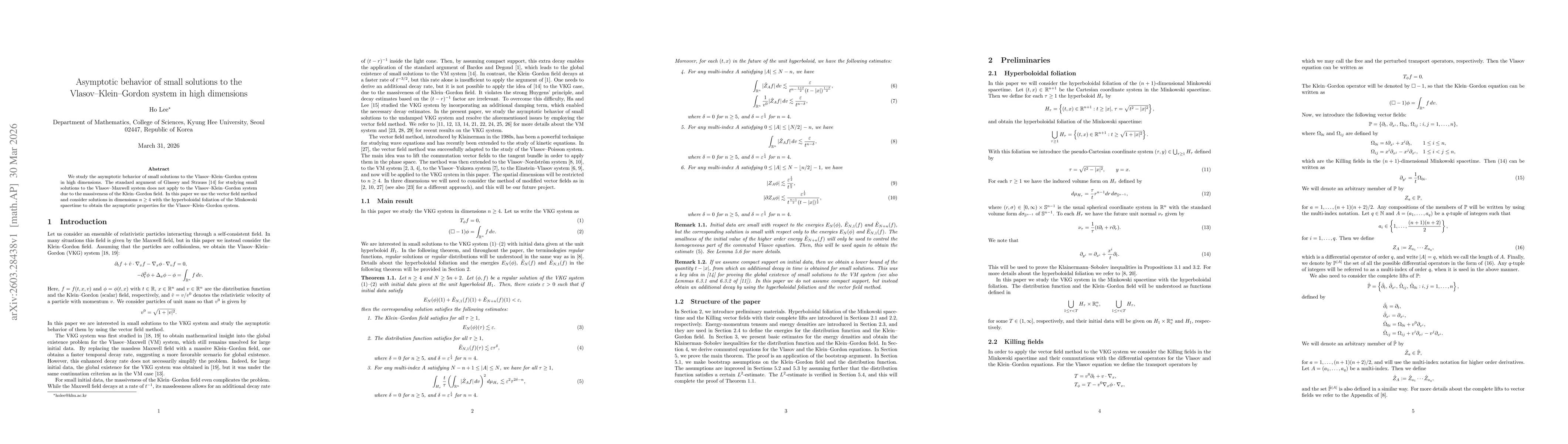 Thumbnail for Asymptotic behavior of small solutions to the Vlasov--Klein--Gordon system in high dimensions