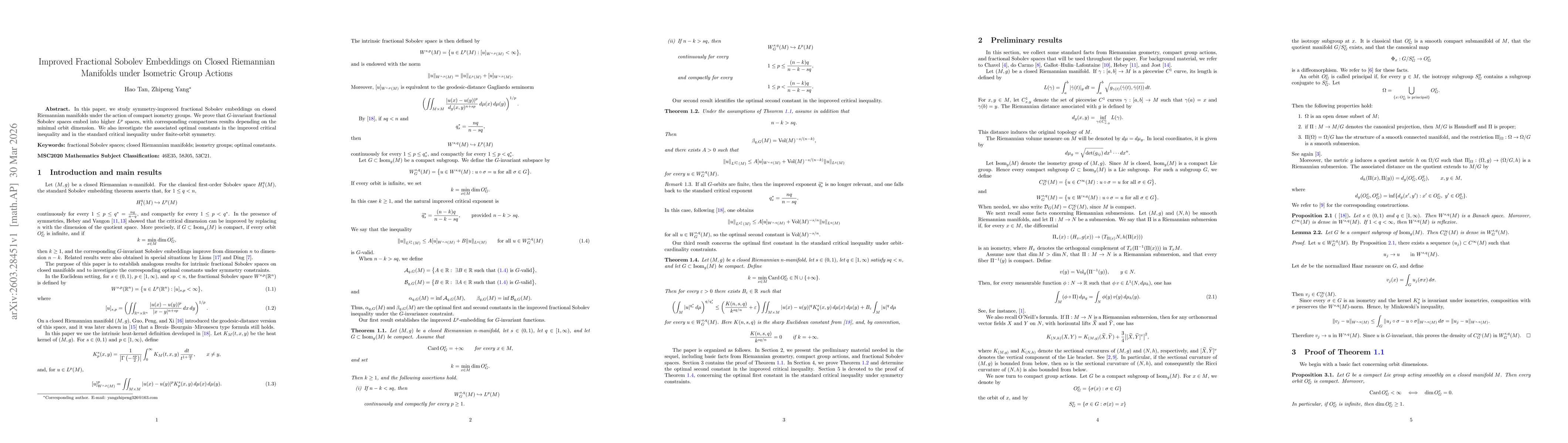 Thumbnail for Improved Fractional Sobolev Embeddings on Closed Riemannian Manifolds under Isometric Group Actions