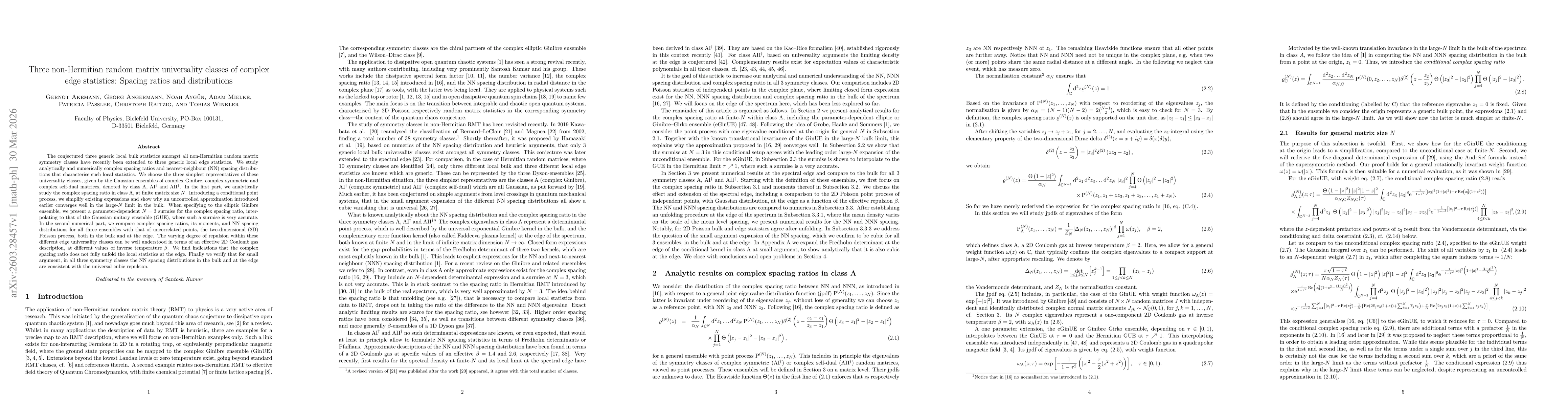 Thumbnail for Three non-Hermitian random matrix universality classes of complex edge statistics: Spacing ratios and distributions
