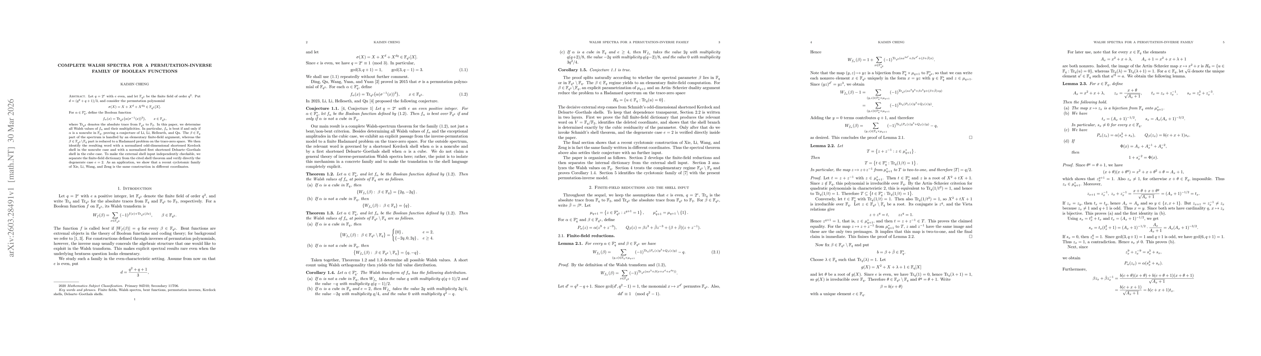 Thumbnail for Complete Walsh spectra for a permutation-inverse family of Boolean functions