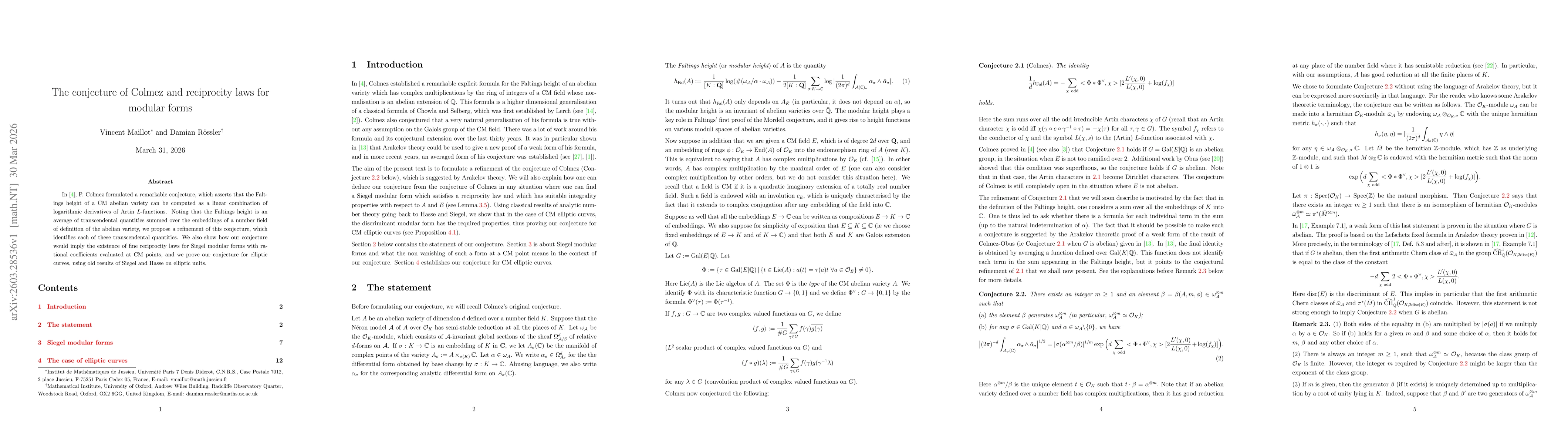 Thumbnail for The conjecture of Colmez and reciprocity laws for modular forms