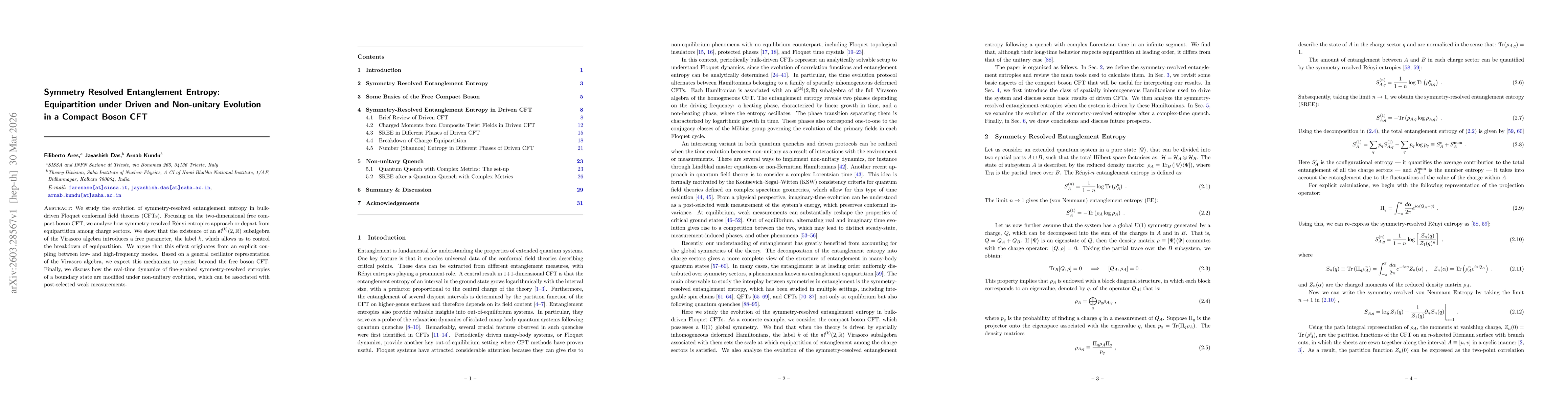 Thumbnail for Symmetry Resolved Entanglement Entropy: Equipartition under Driven and Non-unitary Evolution in a Compact Boson CFT