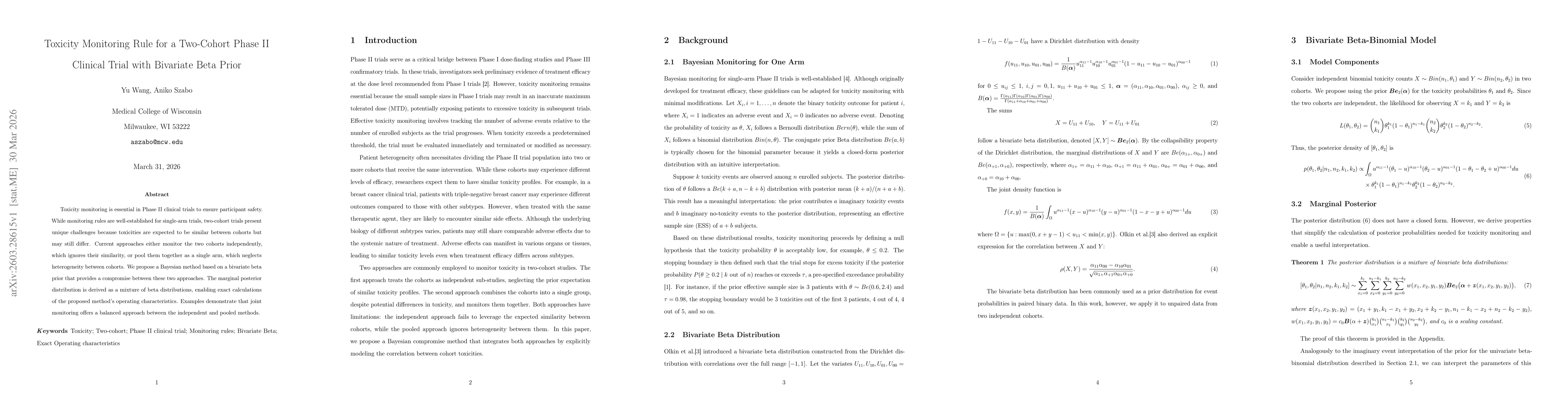 Thumbnail for Toxicity Monitoring Rule for a Two-Cohort Phase II Clinical Trial with Bivariate Beta Prior