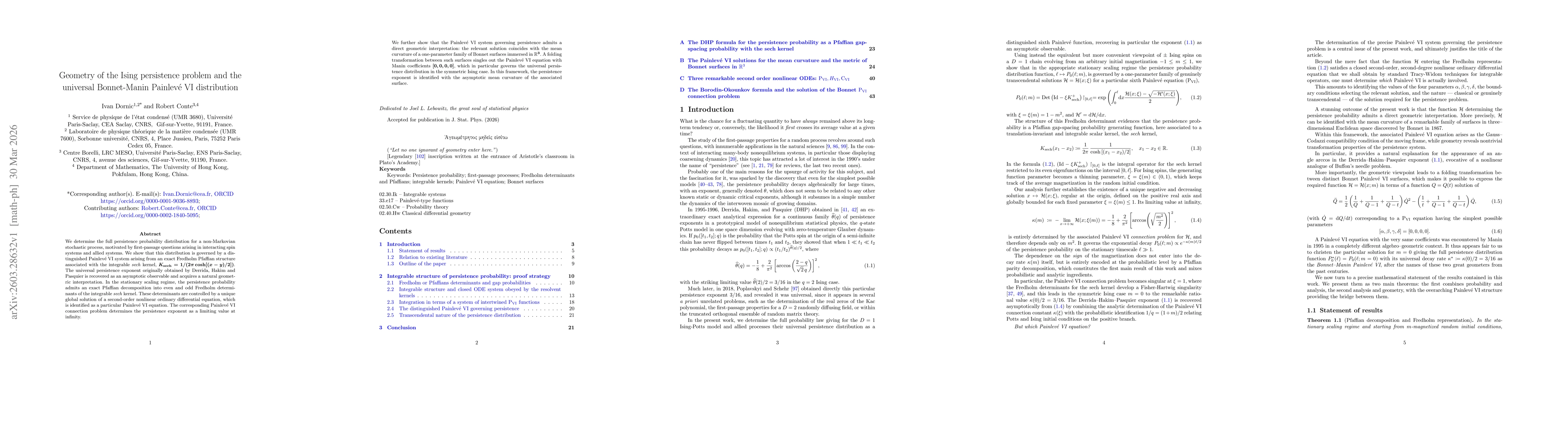 Thumbnail for Geometry of the Ising persistence problem and the universal Bonnet-Manin Painlevé VI distribution