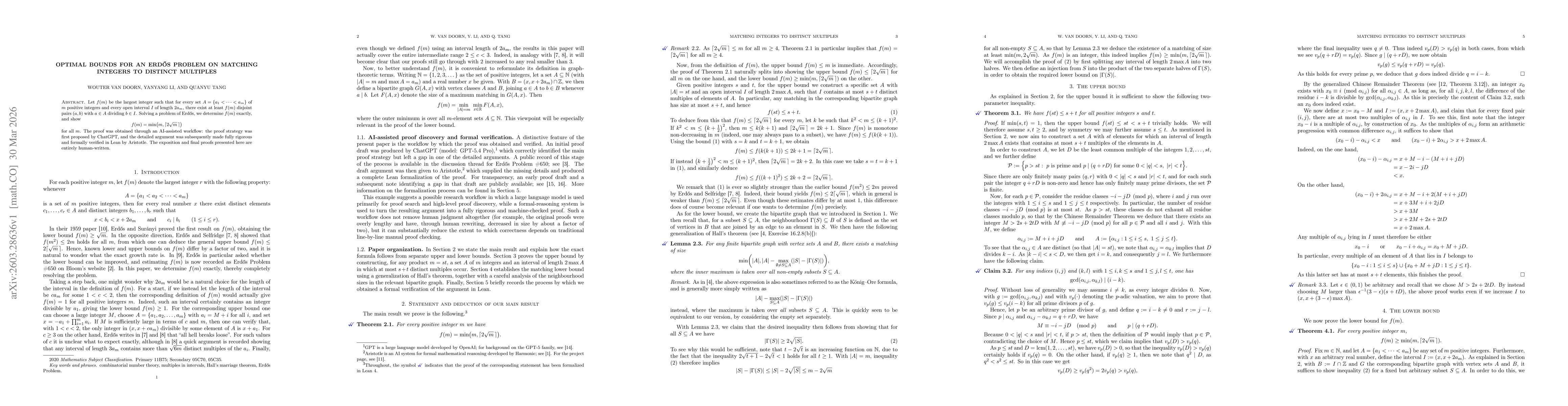Thumbnail for Optimal bounds for an Erdős problem on matching integers to distinct multiples