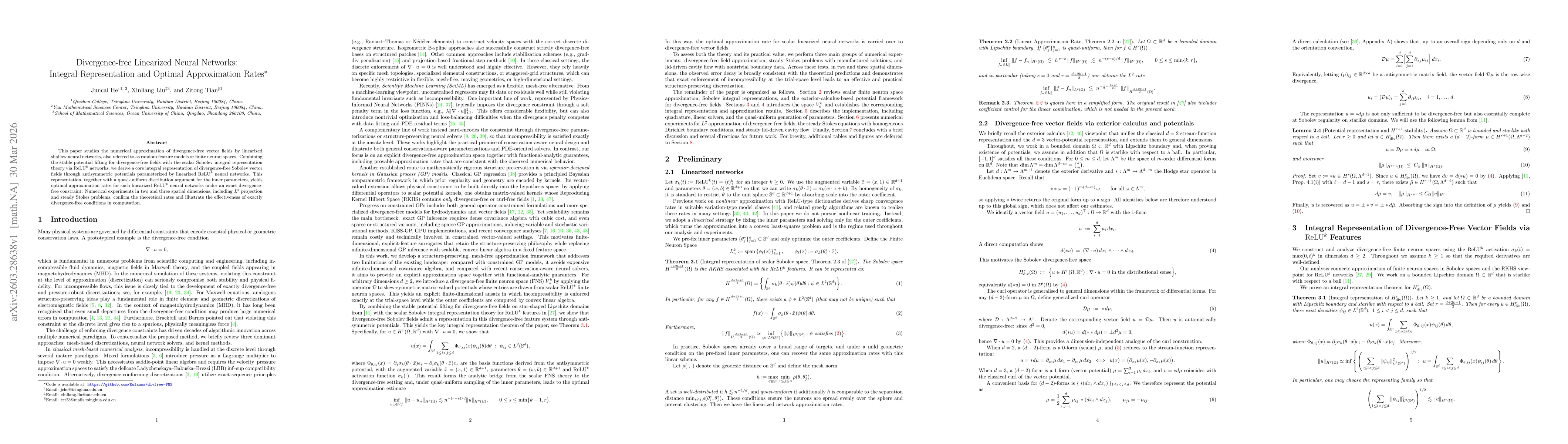 Thumbnail for Divergence-free Linearized Neural Networks: Integral Representation and Optimal Approximation Rates
