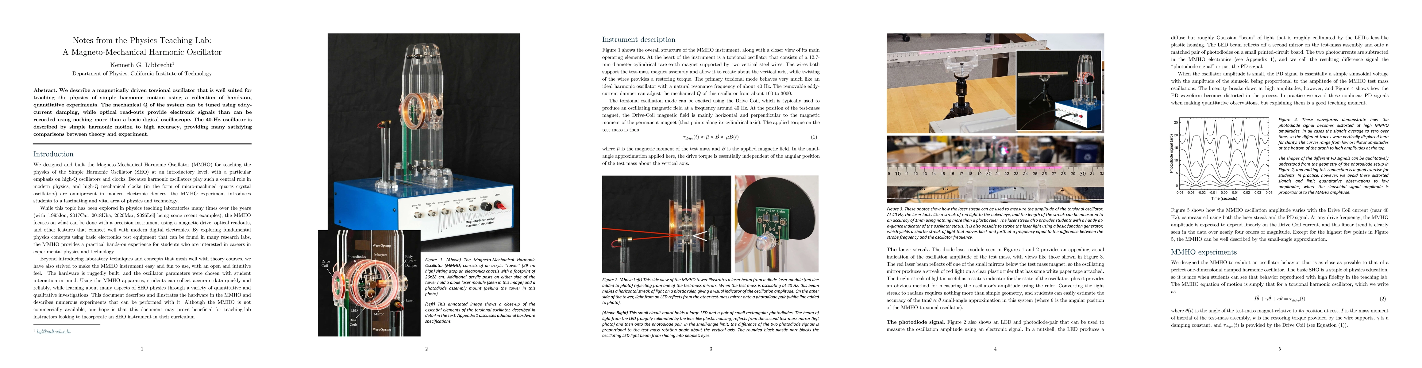 Thumbnail for Notes from the Physics Teaching Lab: A Magneto-Mechanical Harmonic Oscillator