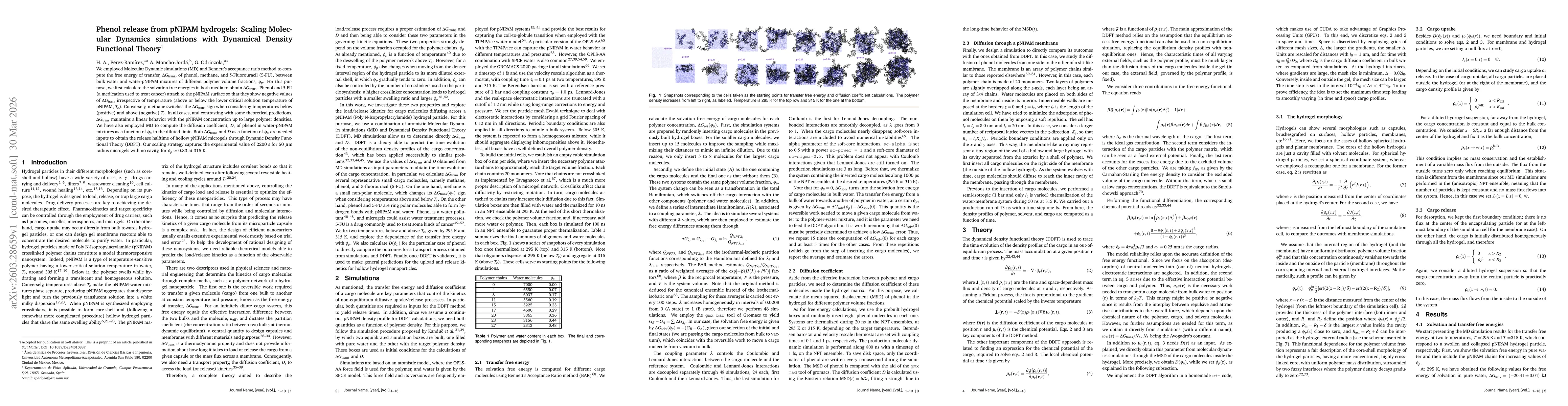 Thumbnail for Phenol release from pNIPAM hydrogels: Scaling Molecular Dynamics simulations with Dynamical Density Functional Theory