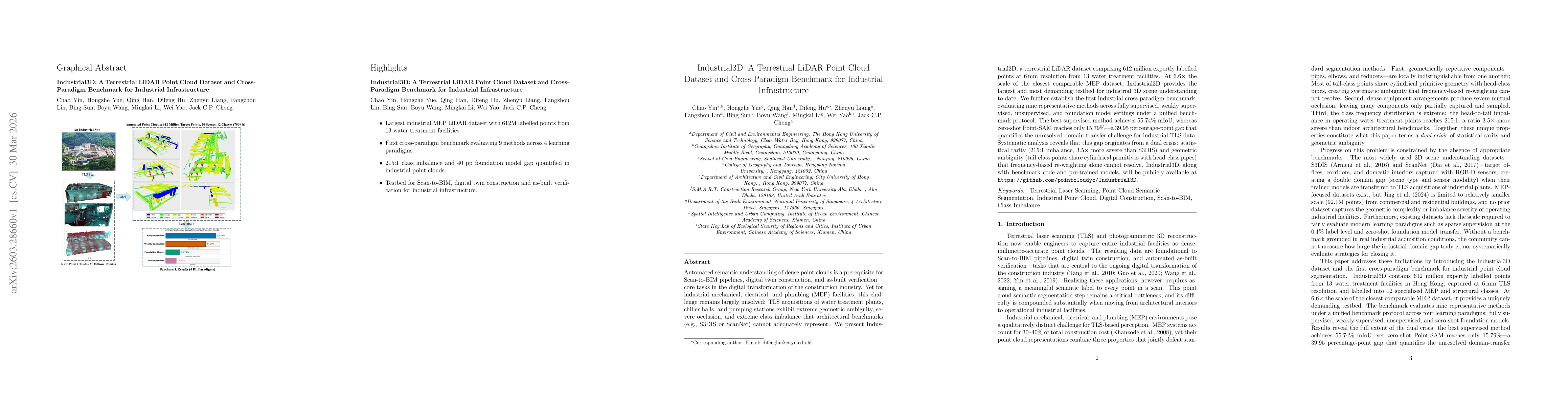 Thumbnail for Industrial3D: A Terrestrial LiDAR Point Cloud Dataset and CrossParadigm Benchmark for Industrial Infrastructure