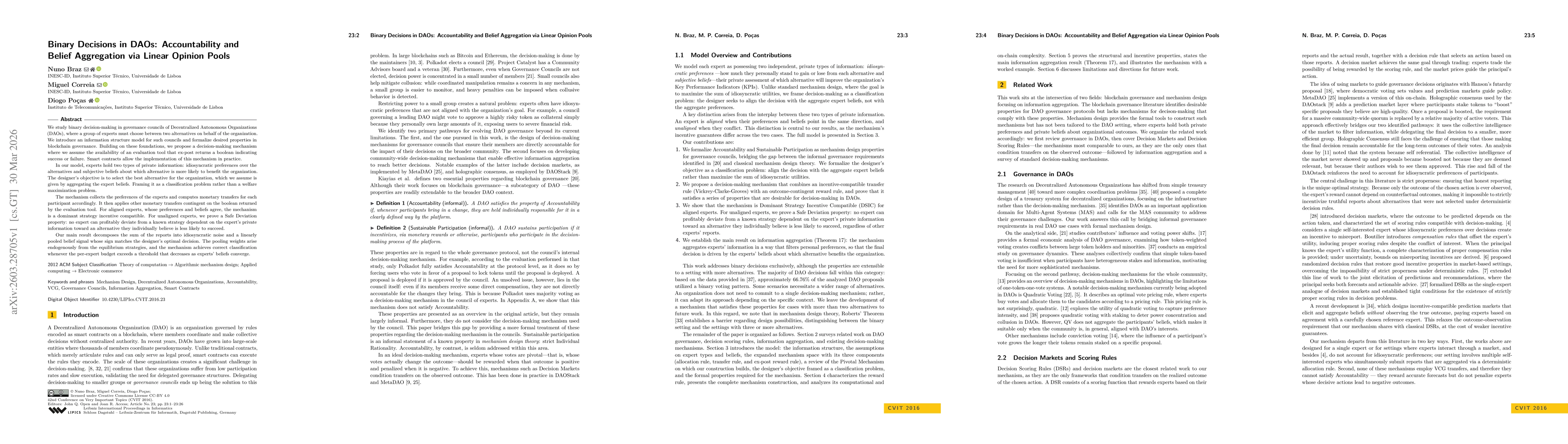 Thumbnail for Binary Decisions in DAOs: Accountability and Belief Aggregation via Linear Opinion Pools