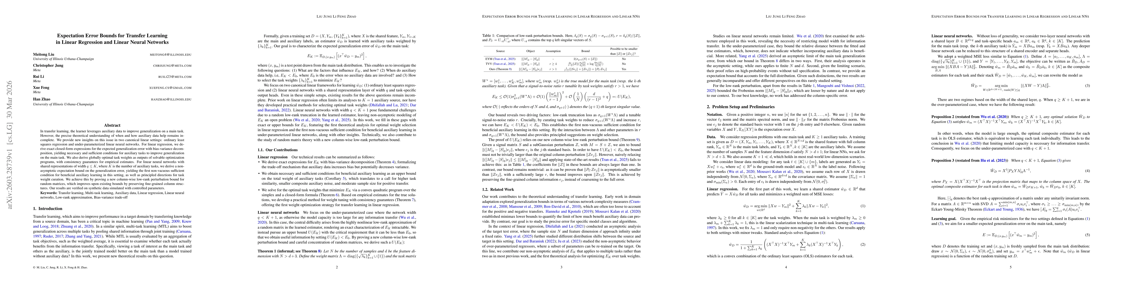 Thumbnail for Expectation Error Bounds for Transfer Learning in Linear Regression and Linear Neural Networks