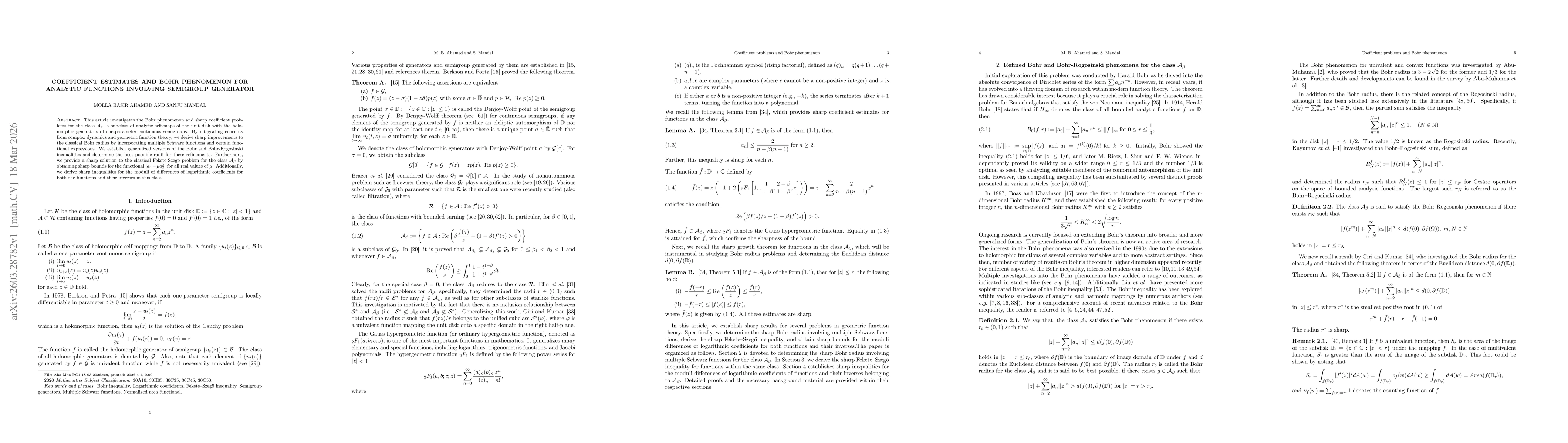 Thumbnail for Coefficient estimates and Bohr phenomenon for analytic functions involving semigroup generator