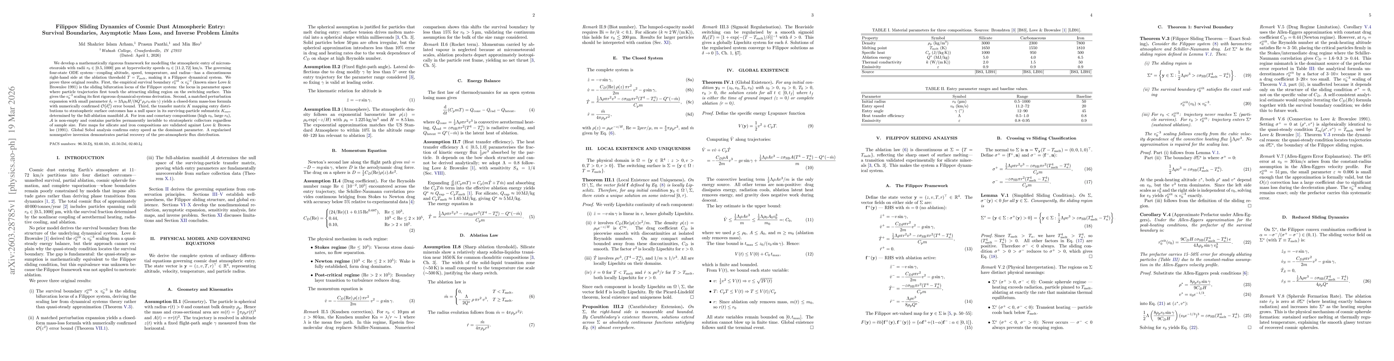 Thumbnail for Filippov Sliding Dynamics of Cosmic Dust Atmospheric Entry: Survival Boundaries, Asymptotic Mass Loss, and Inverse Problem Limits