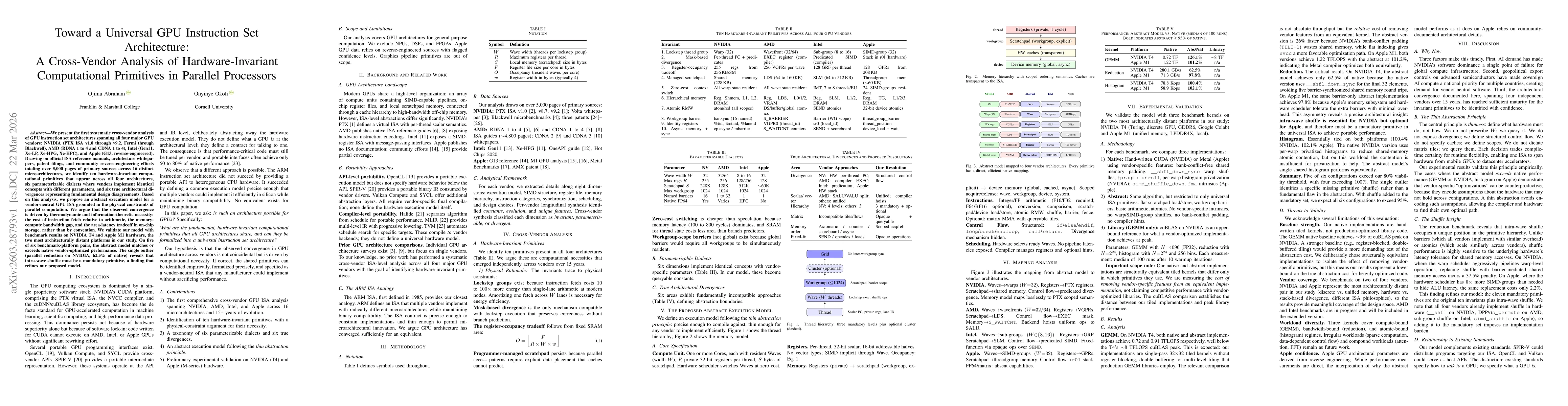 Thumbnail for Toward a Universal GPU Instruction Set Architecture: A Cross-Vendor Analysis of Hardware-Invariant Computational Primitives in Parallel Processors