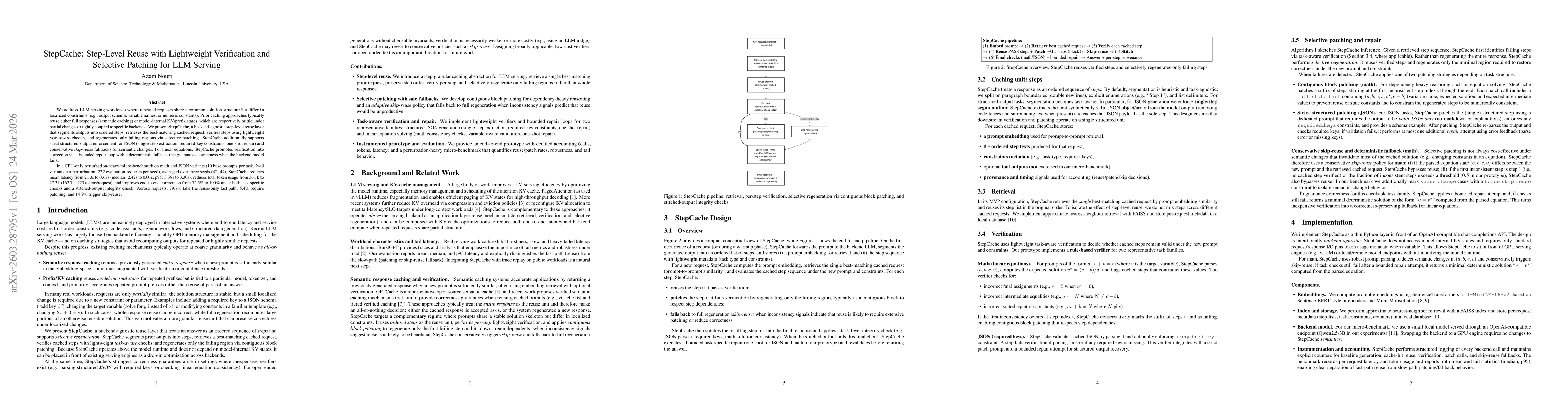 Thumbnail for StepCache: Step-Level Reuse with Lightweight Verification and Selective Patching for LLM Serving