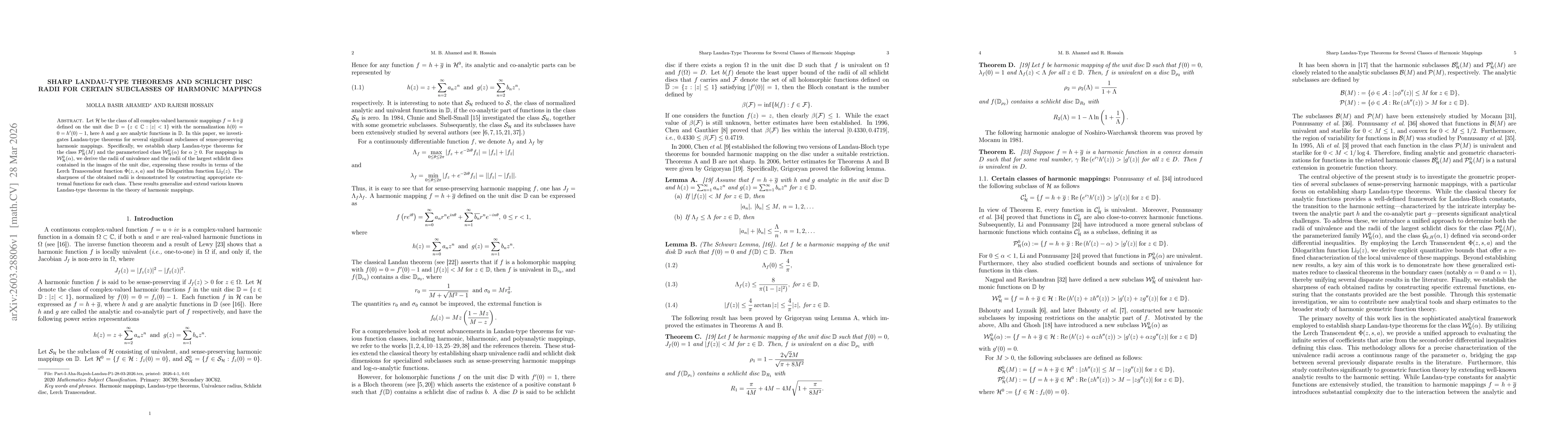 Thumbnail for Sharp Landau-Type Theorems and Schlicht Disc Radii for certain Subclasses of Harmonic Mappings