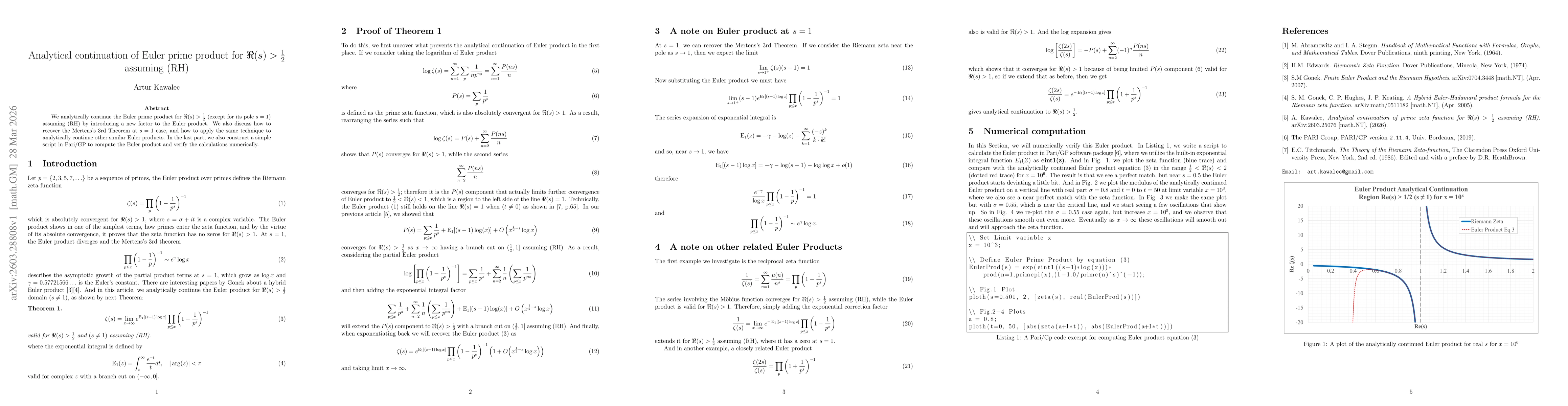 Thumbnail for Analytical continuation of Euler prime product for $\Re(s)>\tfrac{1}{2}$ assuming (RH)