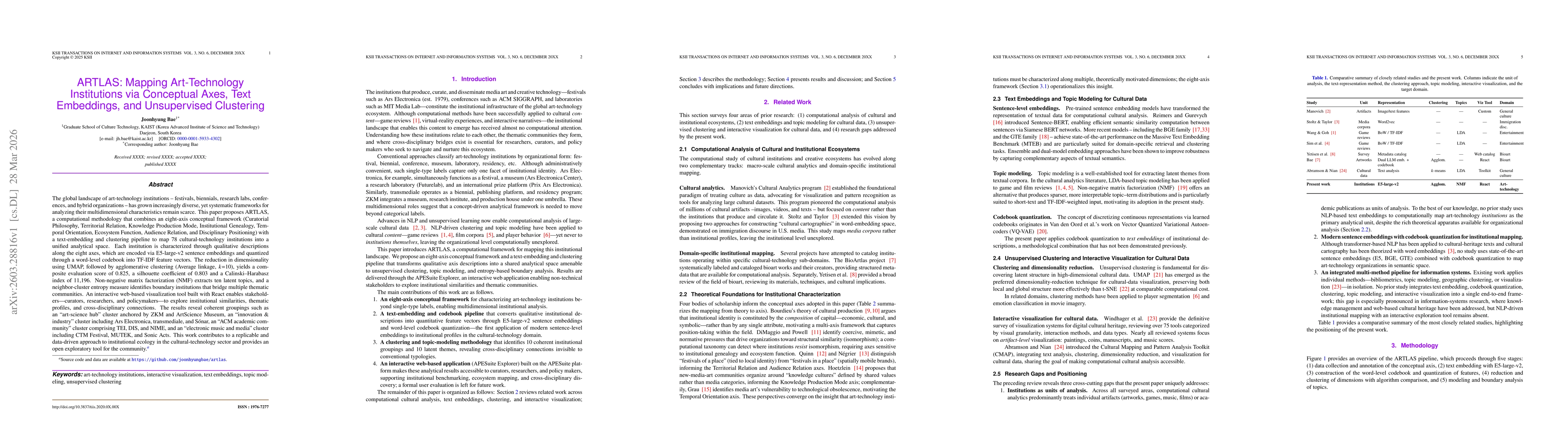Thumbnail for ARTLAS: Mapping Art-Technology Institutions via Conceptual Axes, Text Embeddings, and Unsupervised Clustering