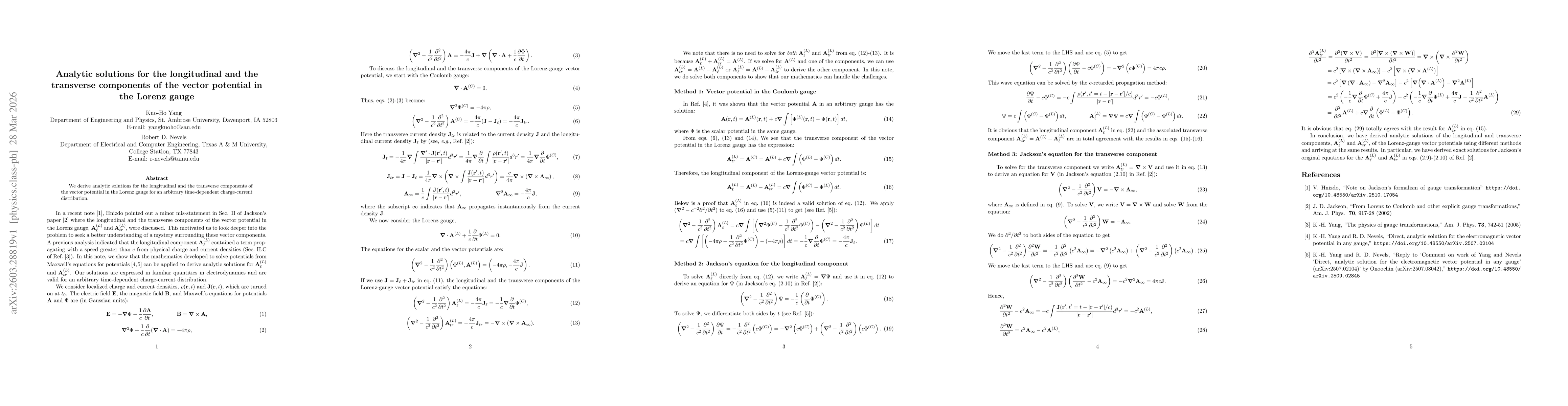 Thumbnail for Analytic solutions for the longitudinal and the transverse components of the vector potential in the Lorenz gauge