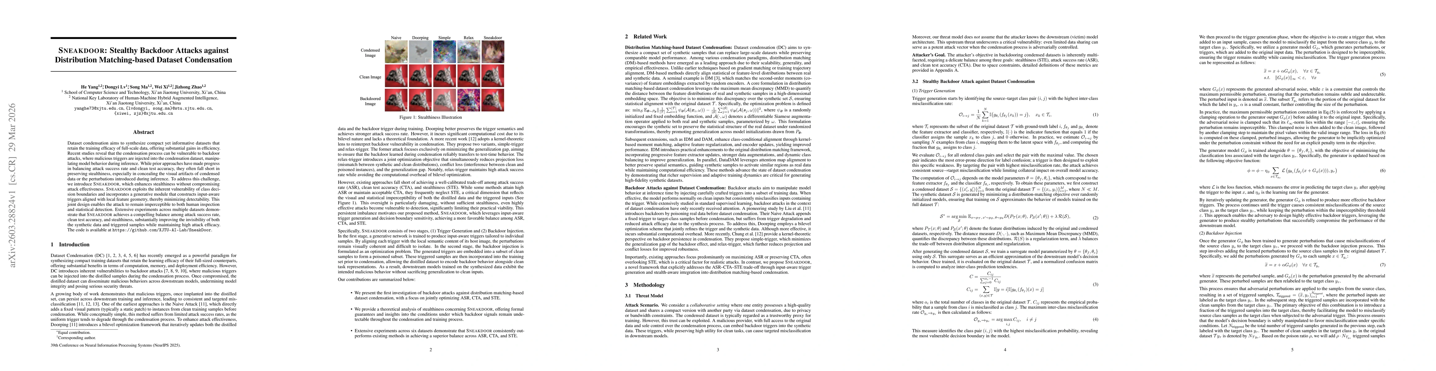 Thumbnail for SNEAKDOOR: Stealthy Backdoor Attacks against Distribution Matching-based Dataset Condensation