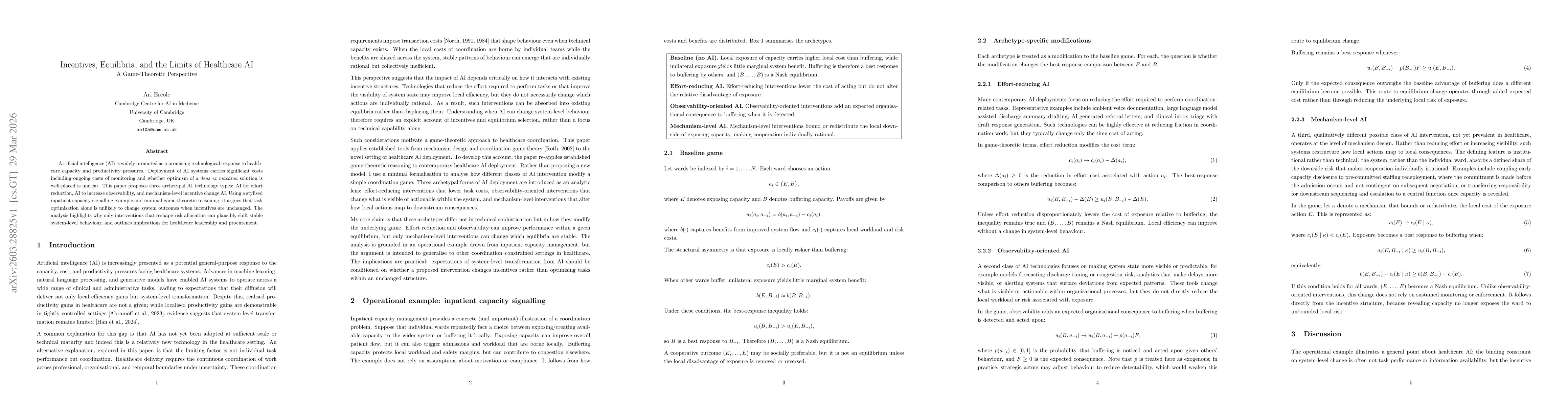 Thumbnail for Incentives, Equilibria, and the Limits of Healthcare AI: A Game-Theoretic Perspective