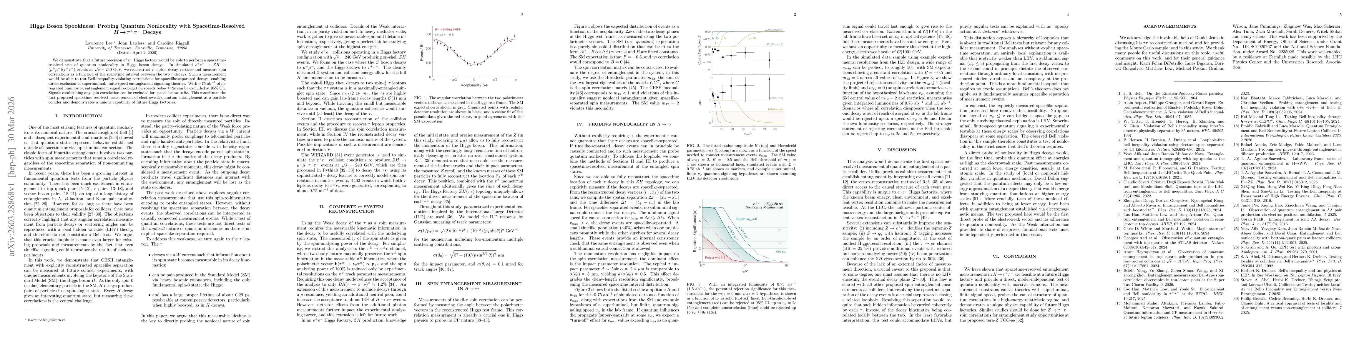 Thumbnail for Higgs Boson Spookiness: Probing Quantum Nonlocality with Spacetime-Resolved $H\rightarrowτ^+τ^-$ Decays