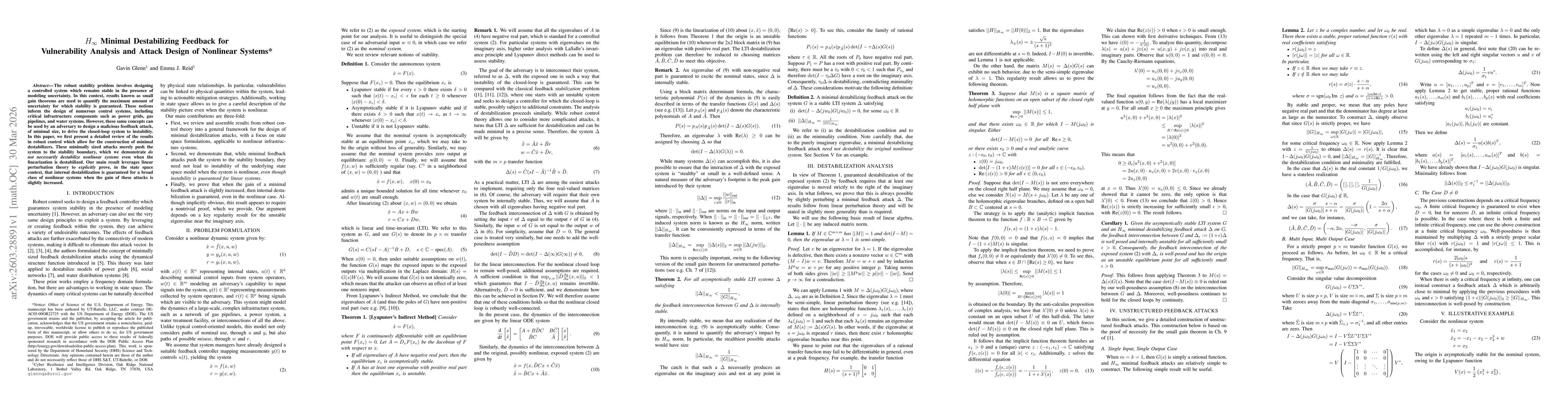 Thumbnail for H Infinity Minimal Destabilizing Feedback for Vulnerability Analysis and Attack Design of Nonlinear Systems