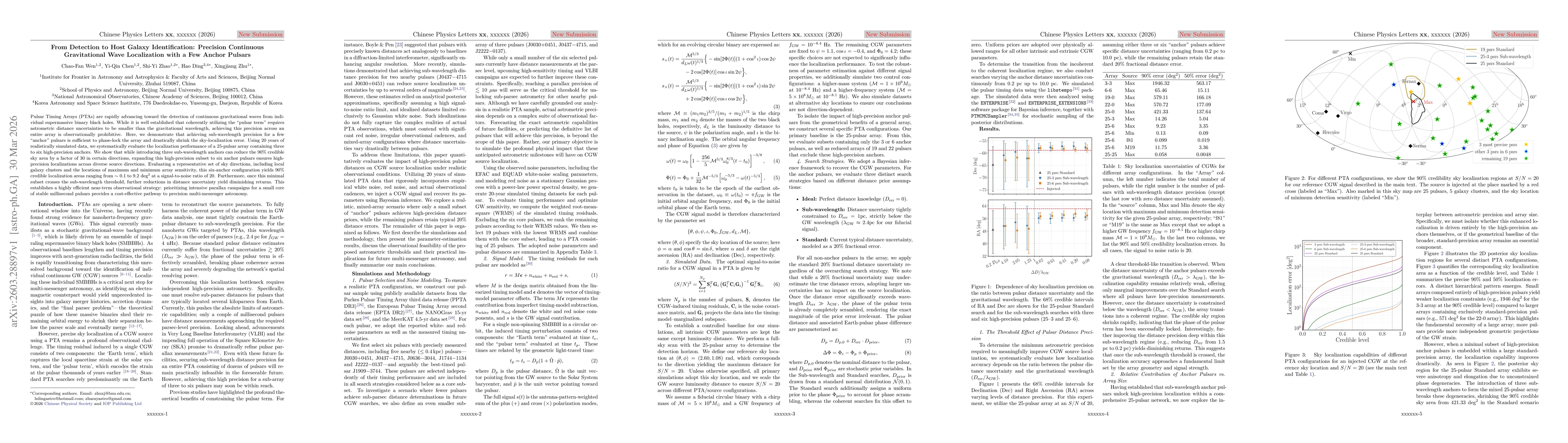 Thumbnail for From Detection to Host Galaxy Identification: Precision Continuous Gravitational Wave Localization with a Few Anchor Pulsars