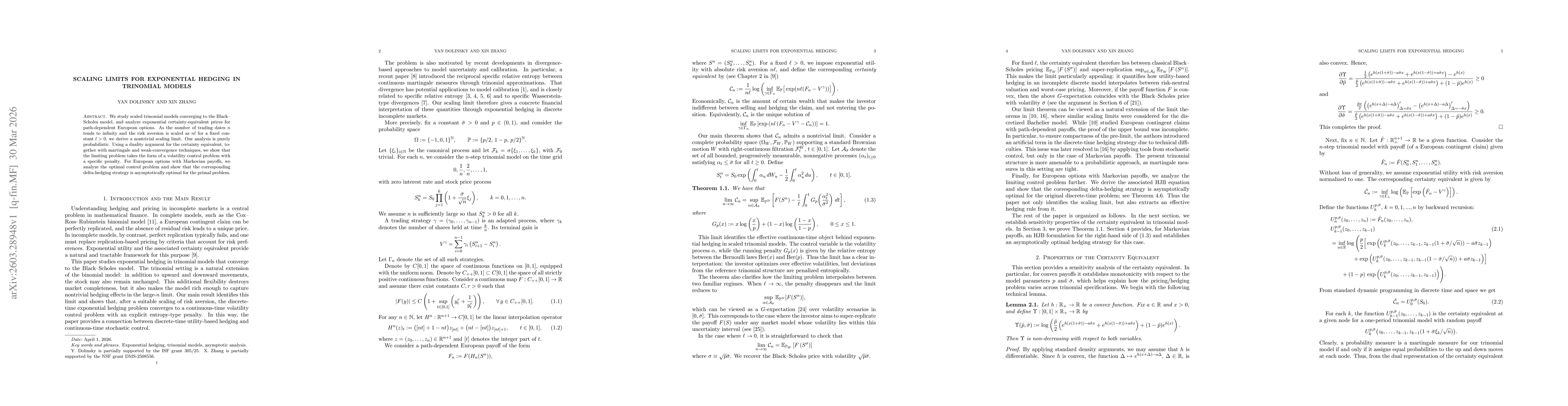 Thumbnail for Scaling Limits for Exponential Hedging in Trinomial Models