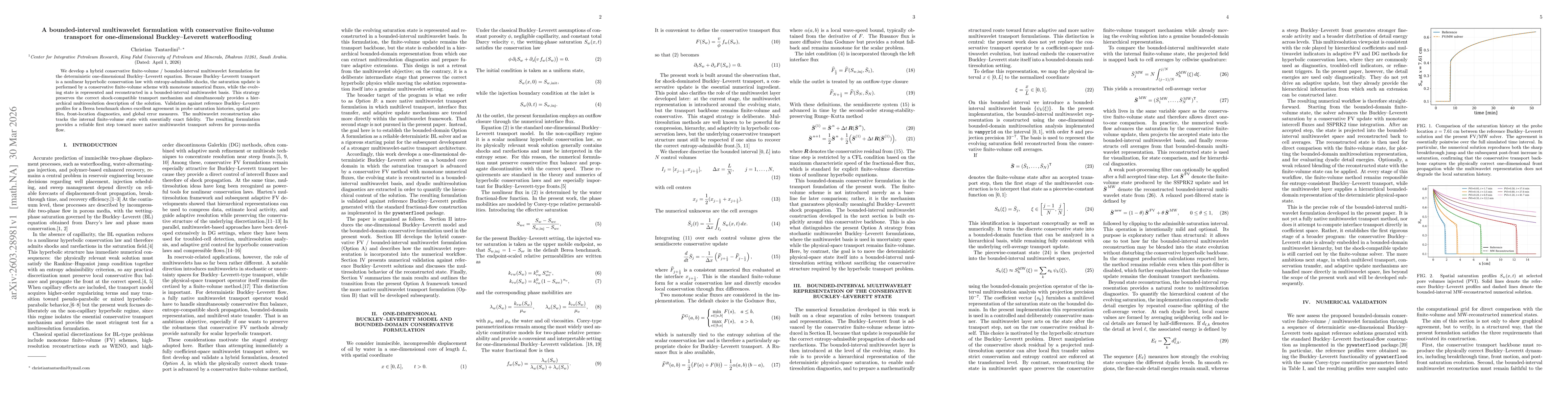 Thumbnail for A bounded-interval multiwavelet formulation with conservative finite-volume transport for one-dimensional Buckley--Leverett waterflooding