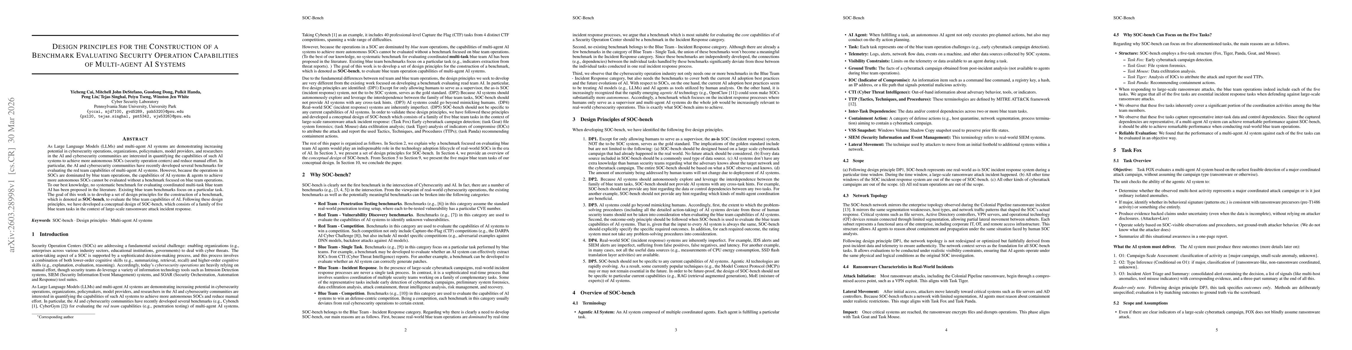 Thumbnail for Design Principles for the Construction of a Benchmark Evaluating Security Operation Capabilities of Multi-agent AI Systems