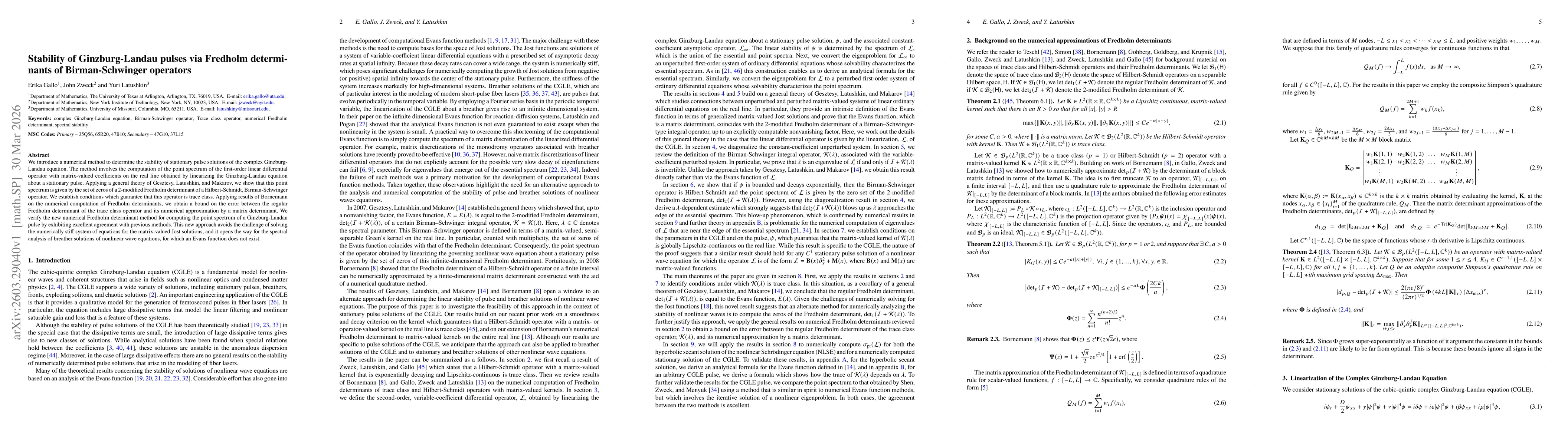Thumbnail for Stability of Ginzburg-Landau pulses via Fredholm determinants of Birman-Schwinger operators