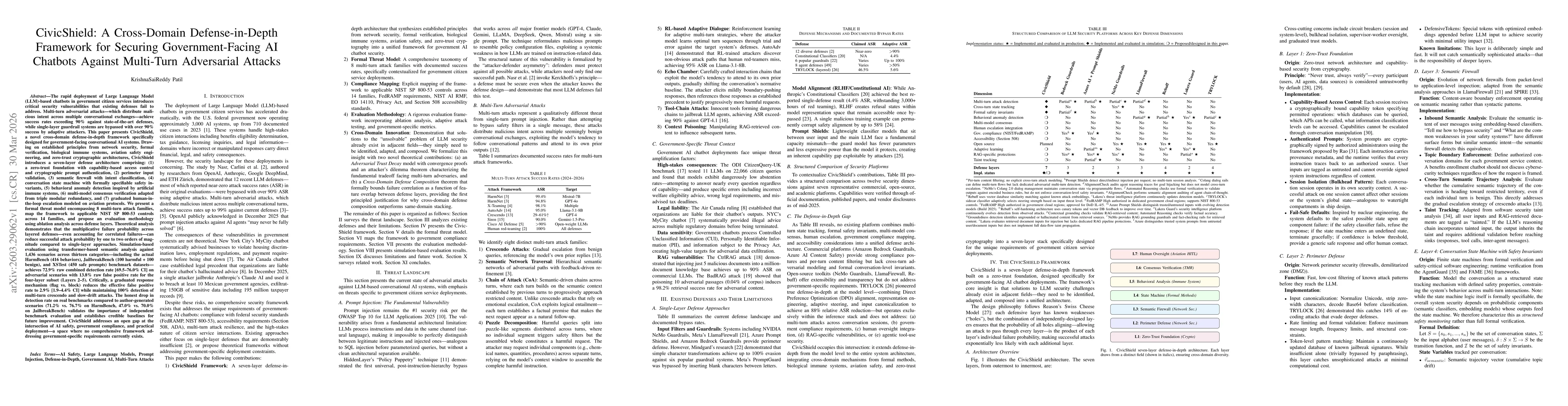 Thumbnail for CivicShield: A Cross-Domain Defense-in-Depth Framework for Securing Government-Facing AI Chatbots Against Multi-Turn Adversarial Attacks