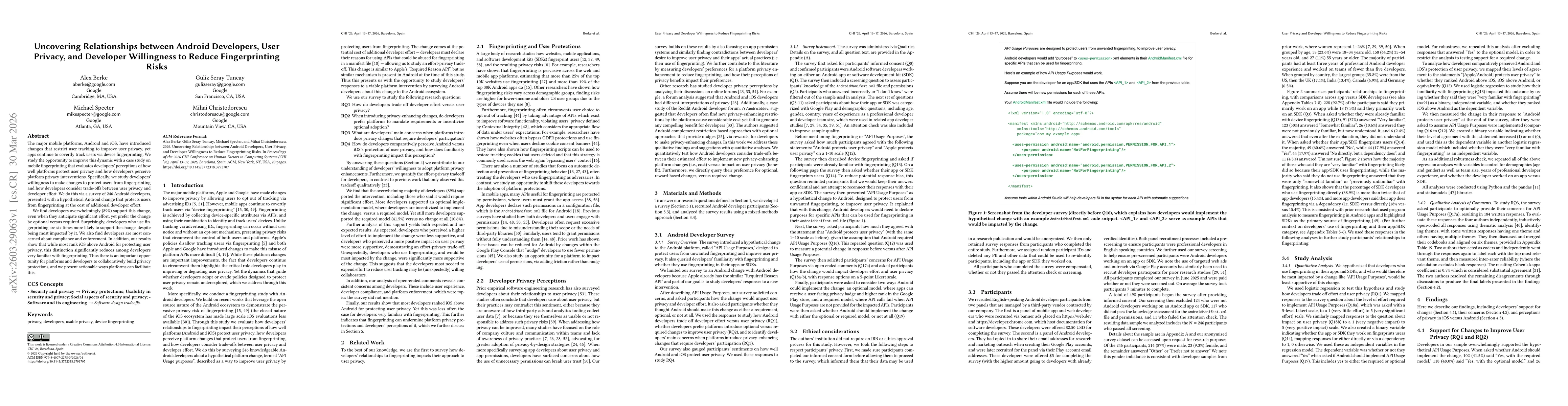 Thumbnail for Uncovering Relationships between Android Developers, User Privacy, and Developer Willingness to Reduce Fingerprinting Risks